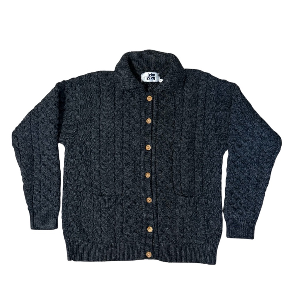 John Molloy Donegal Ireland Wool Charcoal Gray Cable-Knit Sweater Size Medium